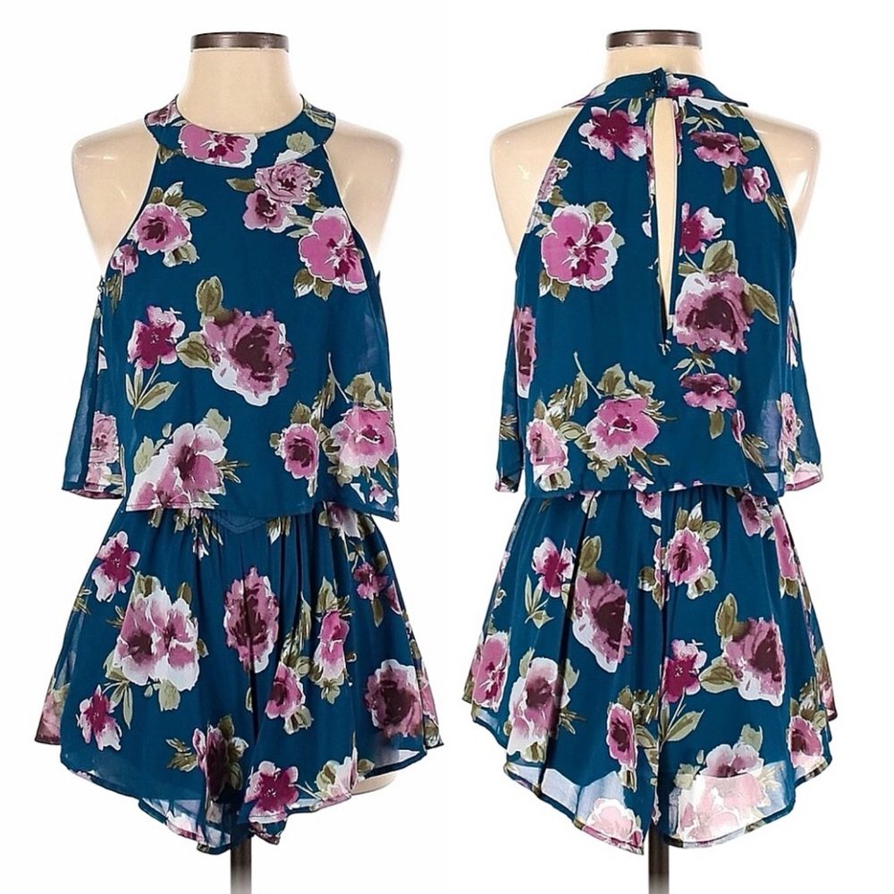 Peach Love California Blue Floral Print High Waisted Halter Neck Chiffon Romper
